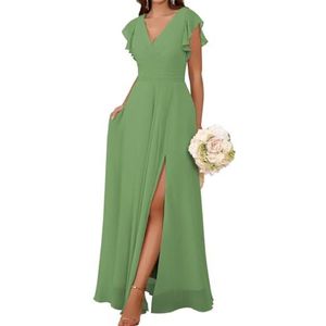 AHERKLL Bruidsmeisjesjurken met korte mouwen voor bruiloft ruches chiffon formele avondfeest maxi-jurk met steekzakken HAH059, Sage Groen, 32