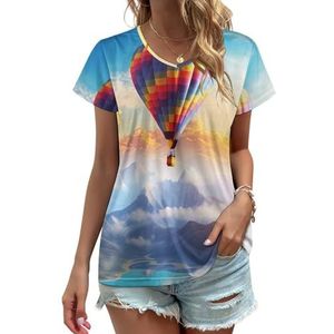Luchtballonnen over berg regenboog dames V-hals T-shirts schattige grafische korte mouw casual T-shirt tops 4XL