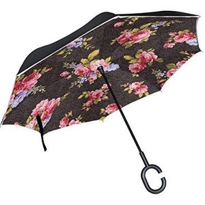 RXYY Winddicht Dubbellaags Vouwen Omgekeerde Paraplu Rose Bloemenprint Waterdichte Reverse Paraplu voor Regenbescherming Auto Reizen Outdoor Mannen Vrouwen
