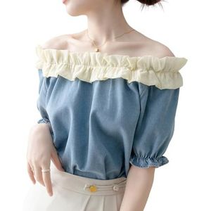 QOUERUUE Off Shoulder Denim Tops voor dames Puff Ruffle Patchwork Zomer Y2k Jean Shirt Tops,Blauw,L