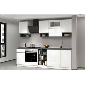 Dmora Complete Ronnie, praktisch en ruimtebesparend, keukenwand met 8 deuren en 1 lade, 100% Made in Italy, 255 x 60 x 85 cm, wit glanzend, wit, leisteen