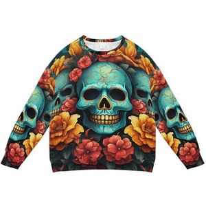KAAVIYO Horror Skulls Cyan Flower roze sweatshirt voor kinderen, zacht, lange mouwen, ronde hals, T-shirts voor jongens en meisjes, Patroon, M