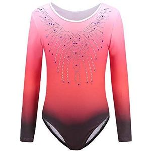 Sinoem Turnpakje, gympakje, voor meisjes, eendelig, met kleurverloop en glitters, voor dans, ballet, turnen, 5 - 6 jaar, rood met lange mouwen