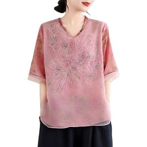 2024 Zomer Dames Retro Etnische Stijl Chinese Shirt Tops Klassieke V-hals Half Mouw Losse Flowy Chiffon Blouse(Color:Pink)