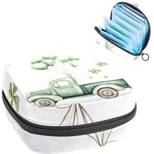 Opbergtas voor maandverband, St. Patrick's Day groene auto vrachtwagen met ballonnen en klavertjes draagbare maandverband, inlegkruisjes, tampons, opberghouder voor maandverband voor vrouwen, school,