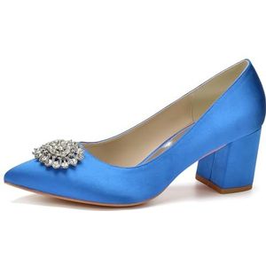HFWXYSA Dames Bruids Trouwschoenen Chunky Blok Hak Jurk Pompen Satijn Kristal Gesloten Teen Bruidsmeisje Schoenen,Blauw,35 EU