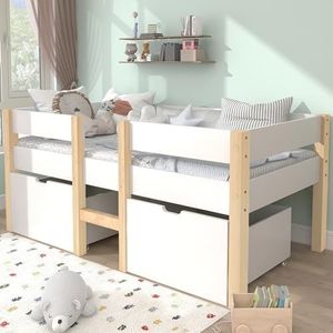 Aunvla Bed kinderbed met lade en valbescherming, massief grenen 90x200 cm wit en eiken