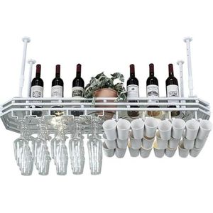 JLVAWIN Opbergrek wijnrekken met glazen houder metalen plafond gemonteerde hangende wijnhouder opknoping glaswerk wijnglashouder organisator rek, wijnfleshouder (wit) planken (maat: 150 cm x 35 cm)