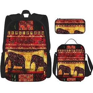 TOMPPY Afrikaanse olifant patchwork bedrukte rugzak met lunchtas etui, 3 in 1 rugzak set, Zwart, Eén maat, Schooltas Set