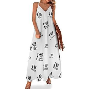 I Love Chess Maxi-jurk voor dames, zomer, V-hals, mouwloos, spaghettibandjes, lange jurk