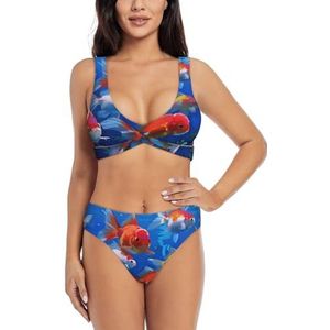 Zelinge Dames bikinisets sportief 2-delig badpak hoog getailleerd badpak S-XXL, Rode en Gouden Vis Marine, S