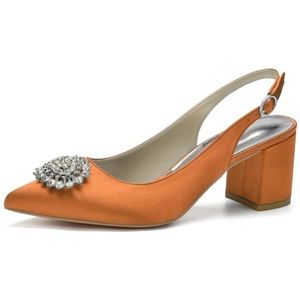 Slingback Hakken Voor Vrouwen Blokhak Puntige Gesloten Teen Dikke Hak Slip Op Trouwjurk Schoenen,Oranje,35 EU