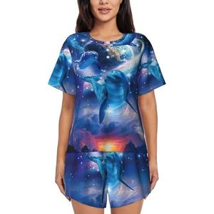 EdWal Olphins In Space Print Dames Pyjama Sets Lounge Wear Set Zachte Loungewear Korte Mouwen Pjs En Shorts, Zwart, 3XL
