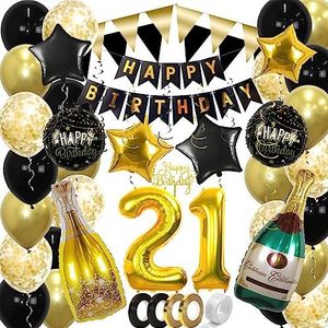21 Jaar Feest Verjaardag Versiering Confetti Helium Ballonnen Slingers Happy Birthday Goud & Zwart Decoratie – 60 Stuks
