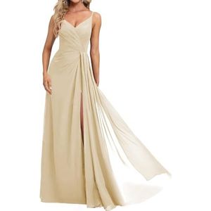 Prinses Bruidsmeisjes Jurken Spaghetti Bandjes Galajurken Chiffon Formele Avondfeest Maxi Jurk met Split ZM210, Champagne, 32