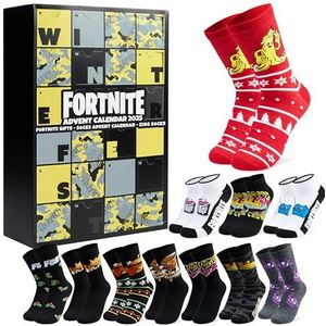 Get Trend Fortnite Socks Adventskalender 2025 voor jongens en heren, 24 paar sportsneakersokken, aftellen naar Kerstmis, gamercadeaus voor hem (zwart/geel Fortnite)