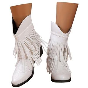 Enkellaarsjes for Dames In Grote Maten Puntige Neus Korte Laarzen Met Franjes Retro Western Cowboylaarzen 2025 Nieuwe PU-leren Laarsjes Met Blokhak Casual Enkelschoenen for Concerten(White,43 EU)