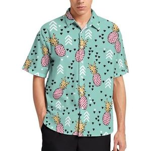 Hawaiiaanse tropische roze ananas zomer heren shirts casual korte mouw button down blouse strand top met zak S