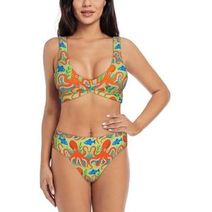 Zelinge Leuke Wrap Front Bikini Top en Hoge Taille Bottom Zomer Badpak Twist Front Badpak S-2XL, Oranje en Blauwe Vis, S