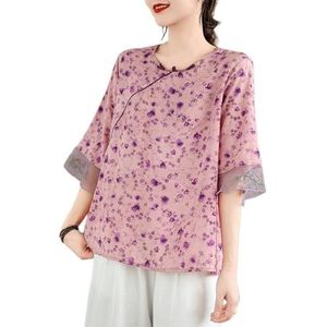 2024 Zomer Plus Size Retro Bloemenprint Etnische Stijl Chinees Shirt Top Ronde Hals Half Mouw Losse Flowy Blouse(Color:Purple,Size:L)