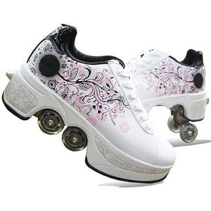 AXUIUVXZ Hardloopschoenen met wieltjes, gymschoenen, intrekbare technische skateboardschoenen, modieuze skateboardschoenen, rolschaatsen, outdoor-training, kinderen, tieners, Wit Roze Bloem, 36 EU
