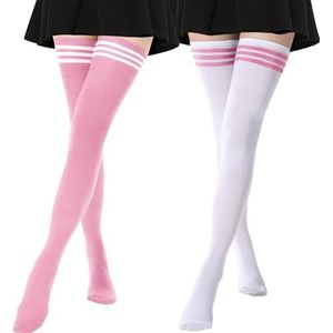 DRESHOW 2 Paar Extra lange dijkousen Lange laarskousen Gestreepte overkniekousen voor dames Katoenen beenwarmers