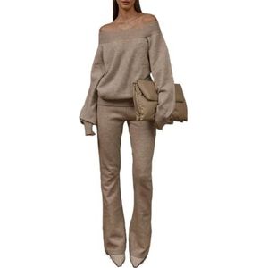 MLSHWUG Dames Gebreide Geribbelde Off-Shoulder Lange Mouw Tops Wijde Broeken 2-Delige Outfit Set,L
