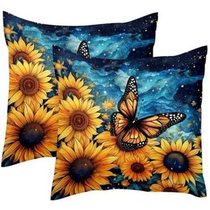 VAPOKF Set van 2 kussenslopen met sterrenhemel, zonnebloem, vlinder, 45 x 45 cm, boerderij kussenslopen, vierkante kussensloop voor lente, thuis, bank, decoratie