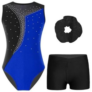 AYWTIUN Turnpakjes voor meisjes, dans, gymnastiek, turnpakjes met V-hals, tailleband, short, sets voor training, yoga, schaatsen, bodysuit, balletoutfits (blauw, 8)