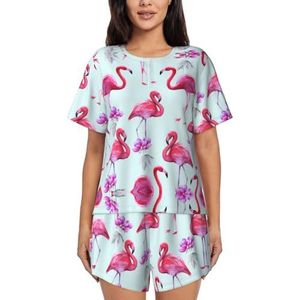 RIVETECH Pyjama met roze flamingo's print voor dames met korte mouwen - comfortabele korte sets, nachtkleding met zakken, Zwart, S