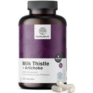 HealthyWorld Mariadistel + artisjok capsules – Natuurlijke ondersteuning voor de lever & detox – 120 plantaardige capsules – 4 maanden voorraad – Hoge dosis met 80% silymarine – Met artisjok, paarden