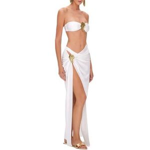 HFYRBDKSPI 3-delig damespak Driehoekige bikiniset Elegante badmode met bedekkende strandrok,Wit,L