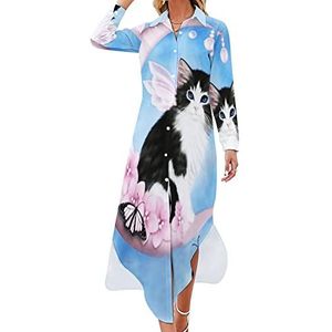 Moon Cat Maxi-jurk voor dames, lange mouwen, knoopsluiting, casual party, lange jurk, 2XL
