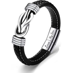 Armband van gevlochten leer van roestvrij staal, punkarmband for heren van roestvrij staal, verjaardagscadeau for zoon, Love My Son - 20,5 cm