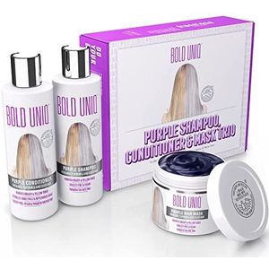 Bold Uniq Trio-cadeauset met paarse shampoo, conditioner en masker. Verwijdert koperachtige gele tinten. Maakt blond, platina, essenhout, zilver en grijs lichter. Vrij van parabenen en sulfaten. PETA-goedgekeurd, dierproefvrij en 100% veganistisch.