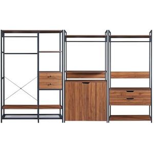 [en.casa] Kledingkast set van 3 Larem open kast met metalen frame 4 lades 2 deuren 3 kledingroedes staand rek zwart en walnootkleurig