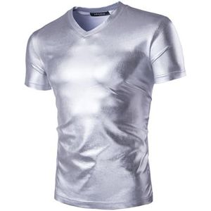 Metallic T-shirts voor heren, korte mouwen, glanzende, wetlook, tuniek, tops voor clubwear, V-hals, effen lederlook, party T-shirt, top, blouse, T-shirt, slim fit, casual truien voor dans, disco,