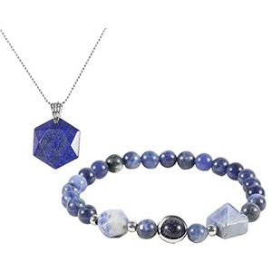 Soulnioi Natuurlijke blauwe steen kristal piramide geslepen diamant kralen armband en lapis lazuli kristal ster van David zespuntige ster hanger ketting voor Reiki