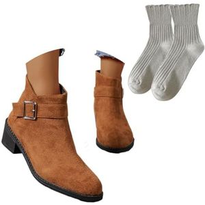 Klassieke Enkellaarsjes Met Gespen Enkellaarsjes for Dames Met Blokhak Retro Suede Korte Laarzen Herfst Winter Werklaarzen Vrije Tijd Enkelschoenen Met Ronde Neus(Brown,36 EU)