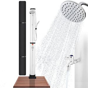 Arebos Solar shower 40L Premium | zilver met bodemplaat Houtenlook | geïntegreerde thermometer | watertemperatuur tot 60°C Zwembaddouche | snap-in technologie | incl. voetdouche & afdekking | Aquastop