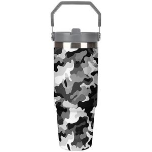 30 oz roestvrij staal geïsoleerde beker met klapdeksel en rietje, lekvrije reismok voor auto, zwart grijs wit camo dubbelwandige vacuüm thermische koffiekop met handvat, morsbestendig ontwerp voor