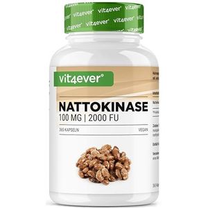 Nattokinase - 365 capsules van elk 100 mg (20.000 FU/g) - 12 maanden voorraad - veganistisch - zonder genetische modificatie - zonder ongewenste toevoegingen