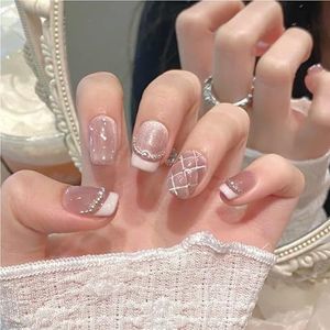 Handgemaakte Sweet Diamond Grid Decoratie Press-On Nagels Franse Glitter Roze Kattenoog Nepnagels Draagbare Herbruikbare Koreaanse Bruids Nepnagels(WHITE,XS)