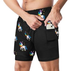 Eenhoorn met gesloten ogen regenboog grappige zwembroek met compressie voering en zak voor mannen board zwemmen sport shorts