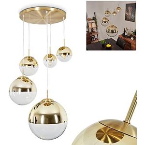 Hanglamp Degevos, 5-lamps plafondlamp van metaal/glas in goud/helder, moderne hanglamp met bollen van echt glas, hoogte max. 142 cm, 5 x E27, zonder gloeilamp