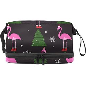 Dubbele Laag Cosmetische Tas Kerst Roze Flamingo Kerstboom Sneeuwvlok Draagbare Make-up Tas Reizen Organizer Pouch voor Vrouwen Meisjes Toiletartikelen Tassen, Meerkleurig, 27x15x14 cm/10.6x5.9x5.5 in, Make-up zakje