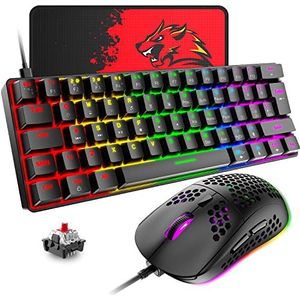 T60 Bekabeld Gamingtoetsenbord en Muis Set, Mini 60% Compact Mechanisch Toetsenbord 62 Toetsen, 19 Regenboog LED-licht, UK Layout + 6400 DPI PS4 Gaming Muis + Muismat voor PC, Mac - Red Switch/Zwart