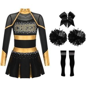 Cheerleader-Uniformen Cheleader-Uniformen voor Meisjes voor Kinderen School Cheleader-Kostuum voor Meisjes Pompons Cheleader Kostuum voor Kinderen met Sprankelende Steentjes (Kleur: Goud