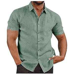 Linnen Herenoverhemden Zomer Katoenen Overhemden Met Korte Mouwen En Knopen Casual Losse Pasvorm(Green,4XL)