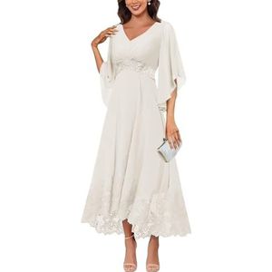 KURFACE Jurken voor dames, V-hals, moeder van de bruid met mouwen, kanten applicatie, chiffon, formele avondjurk, Ivoor, 32